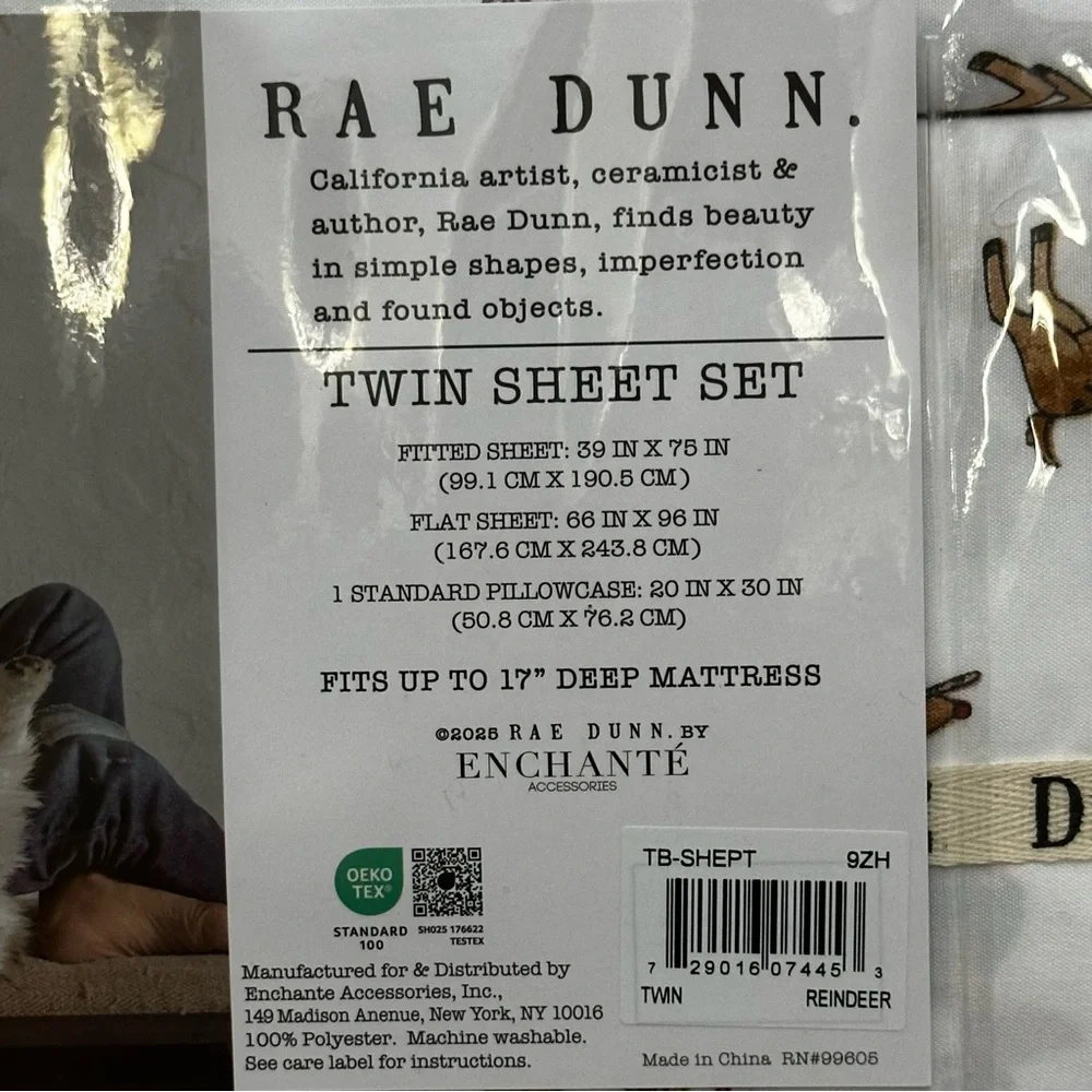 NWT- Rae Dunn Twin Sheet Set - White W/Festive Reindeer Easy Care